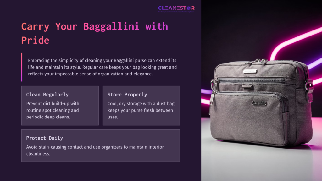Gray Baggallini Purse Placed Against A Purple Background, With Text Highlighting Cleaning And Storage Tips In A Clean, Modern Layout.