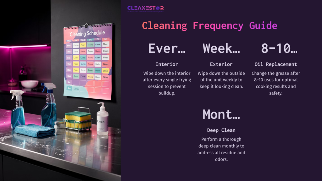 Visual Guide With A Colorful Cleaning Schedule, Bottle Of Cleaner, Sponge, And Grease Wipes On A Shiny Countertop, With A Dark Background.