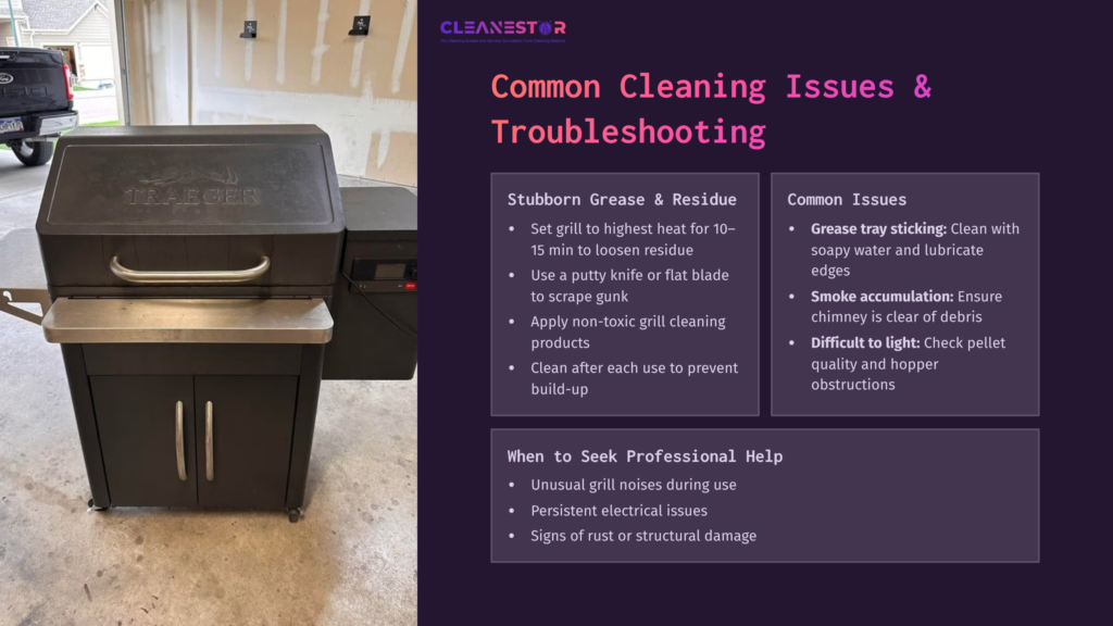 A Traeger Silverton 620 Grill In A Workshop Setting, Surrounded By Cleaning Tips And Troubleshooting Text In A Purple Box.