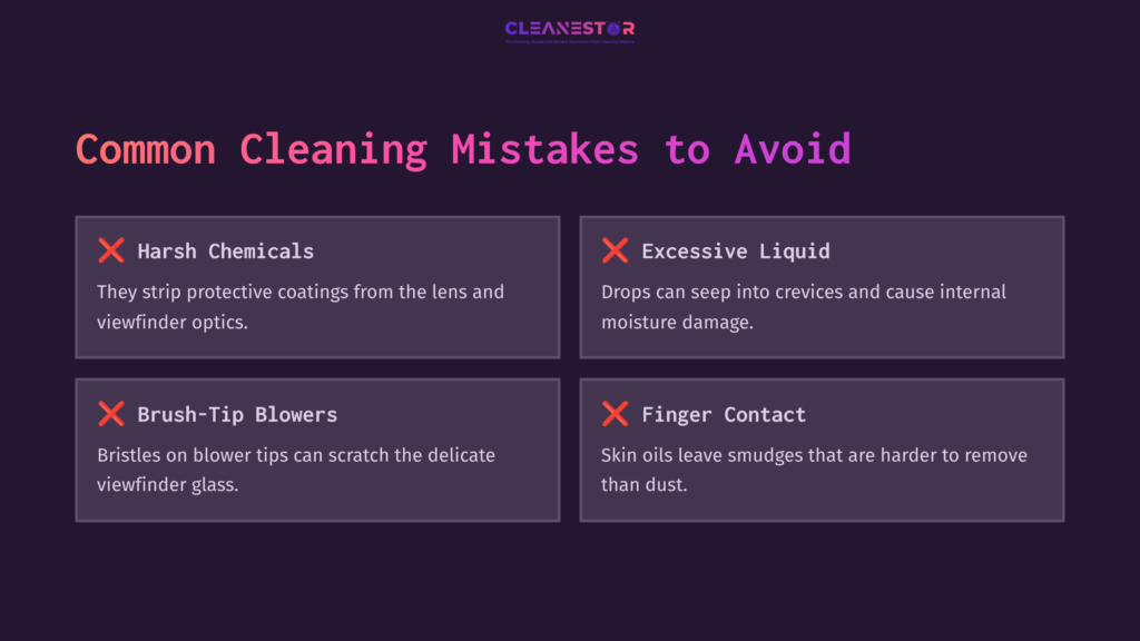 Four Panels On A Dark Background Detailing Common Cleaning Mistakes: Harsh Chemicals, Excessive Liquid, Brush-Tip Blowers, And Finger Contact, Each Marked With A Red 'X'.