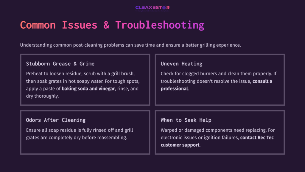 9 Common Issues And Troubleshooting Four Troubleshooting Tips For Rec Tec Grills: Cleaning Residue, Uneven Heating, Odors, And When To Seek Professional Help, On A Dark Background.