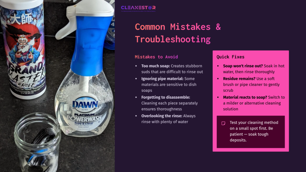A Bottle Of Blue Dish Soap Beside A Glass Jar, With Troubleshooting Tips On A Purple Background. Includes Cleaning Suggestions.