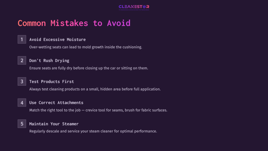 Text On A Dark Purple Background Outlines Common Mistakes To Avoid When Steam Cleaning Car Seats. Key Points Are Highlighted In White And Pink.