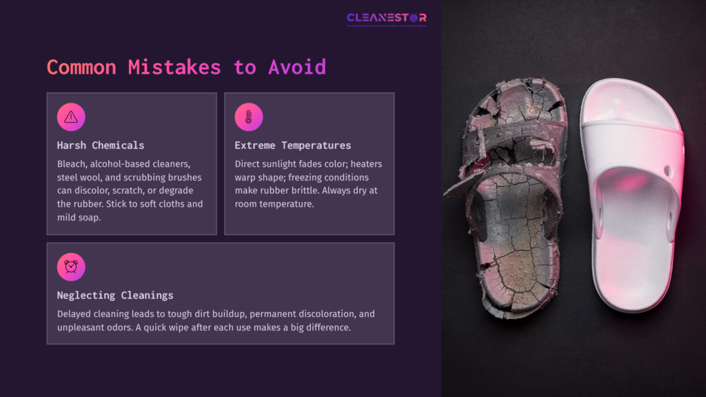 Two Pairs Of Rubber Sandals, One Heavily Worn And Cracked With A Faded Color, The Other Clean And Intact On A Contrasting Purple Background.