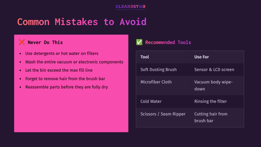 Bright Pink Box Highlights Common Mistakes To Avoid While Cleaning. A Checklist On The Right Lists Recommended Tools And Their Uses, Set Against A Dark Background.