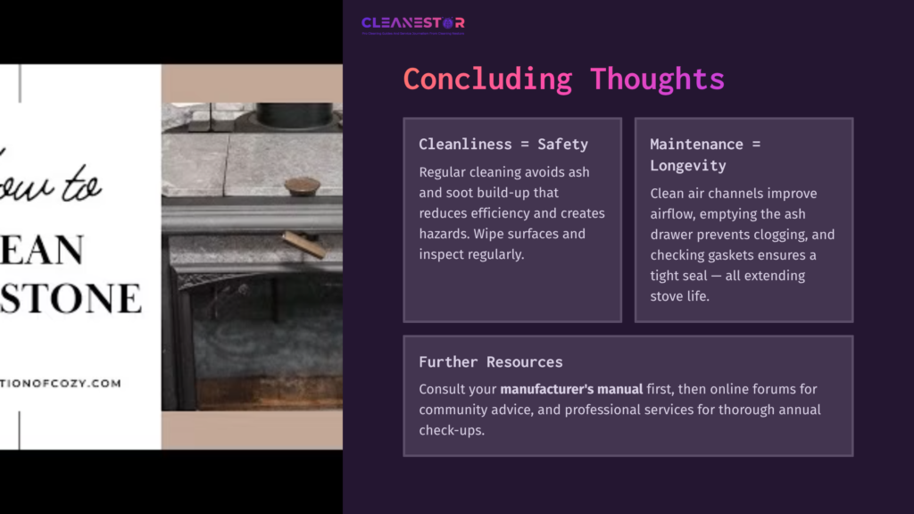 Soapstone Wood Stove With Ash And Soot, Alongside Text Sections On Cleaning Safety And Maintenance Tips, In A Clean, Organized Layout.
