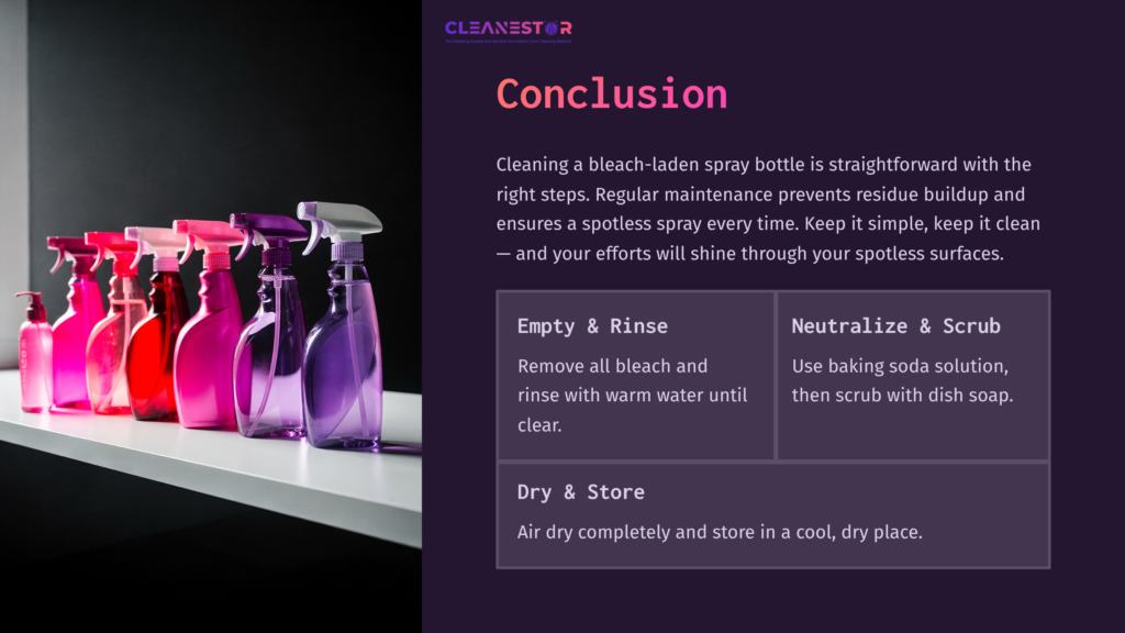 A Row Of Colorful Spray Bottles In Shades Of Pink, Purple, And Clear On A White Shelf, Accompanied By Cleaning Instructions.