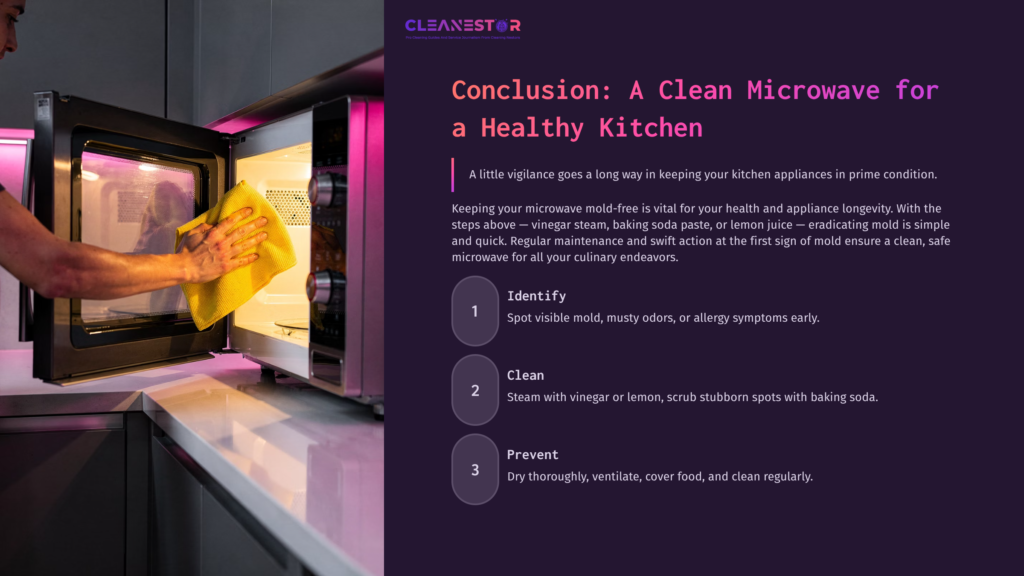 9 Conclusion A Clean Microwave For A Healthy Kitchen A Person Cleaning A Microwave With A Yellow Cloth, Alongside Tips For Mold Removal In A Kitchen Setting. Colors Include Purple And White.