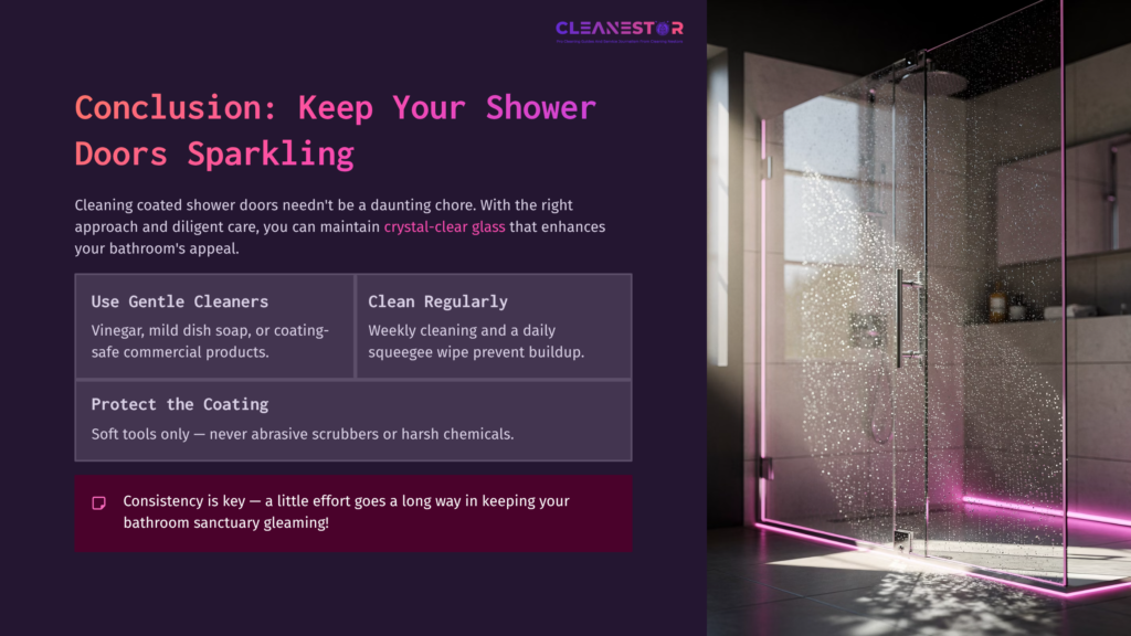 A Modern Shower With Coated Glass Doors, Highlighted By Soft Purple Lighting, Complements A Cleaning Tips Layout For Maintaining Shine.