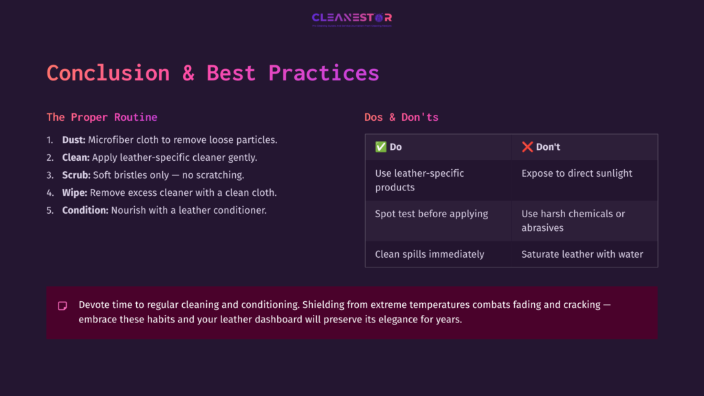 Conclusion Section With Text On Leather Dashboard Care, Featuring A List Of Dos And Don’ts, Highlighted In Green And Red, On A Dark Background.