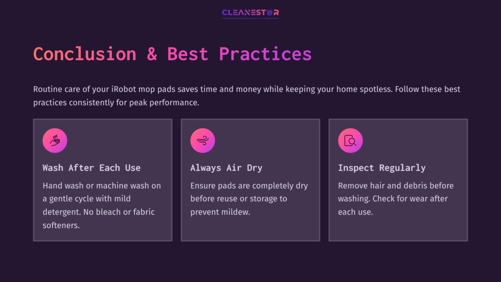 Text Guidelines On A Dark Background About Cleaning Irobot Mop Pads, Highlighting Washing, Drying, And Regular Inspection Practices.