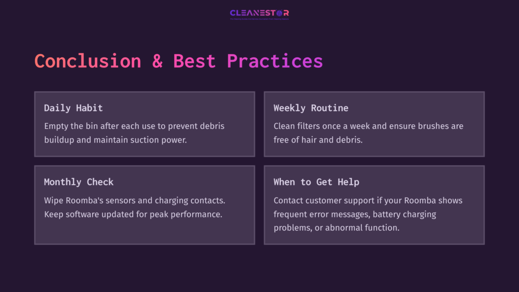 Conclusion And Best Practices For Maintaining Roomba 600 Series, With Purple Boxes Outlining Daily Tasks, Weekly Routines, And Monthly Checks.
