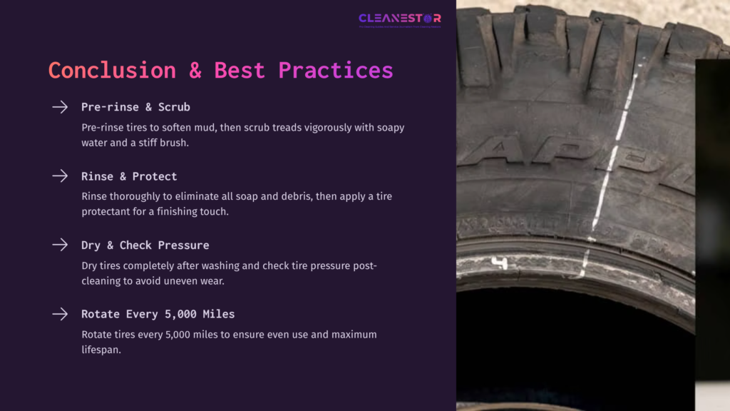 Close-Up Of A Dirty Tire With Clear Tread Patterns, Alongside Text Outlining Cleaning Steps, Using A Purple And White Color Scheme.