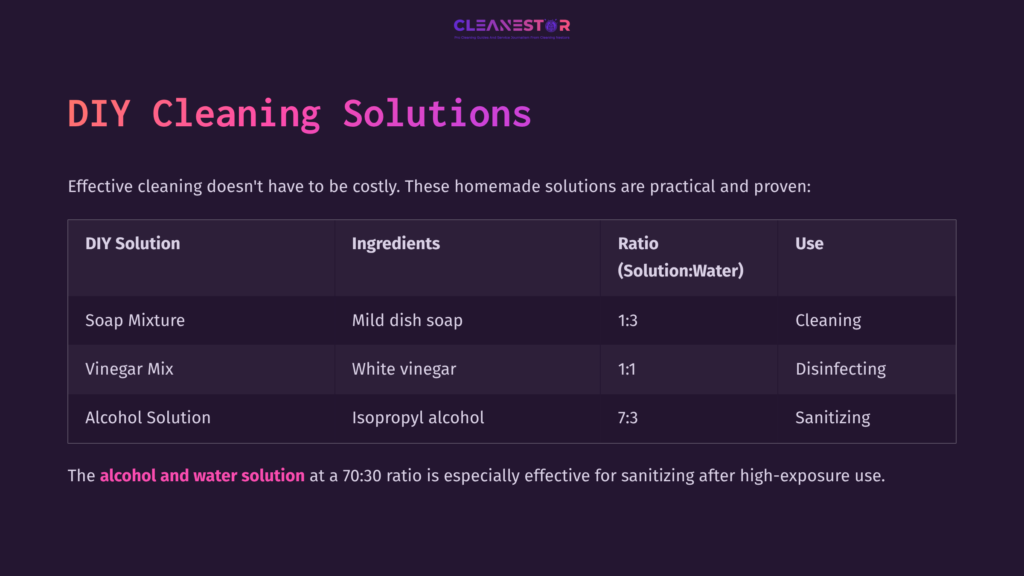 Table Listing Diy Cleaning Solutions For Face Shields, Featuring Ingredients, Ratios, And Uses, With A Dark Background And Pink Accents.