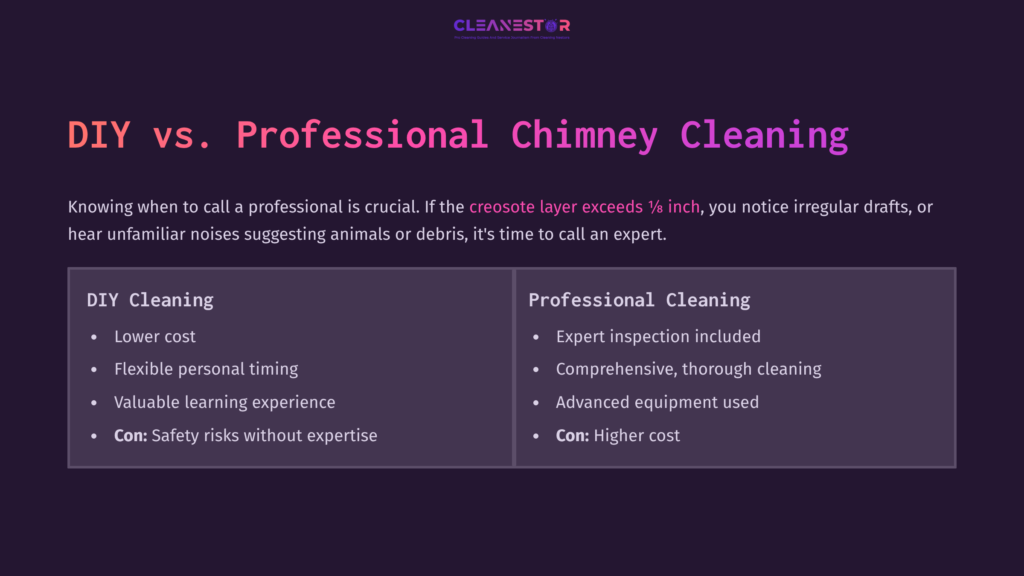 9 Diy Vs Professional Chimney Cleaning Comparison Chart Outlining Diy Vs. Professional Chimney Cleaning, Featuring Two Columns Highlighting Pros, Cons, And Key Factors.