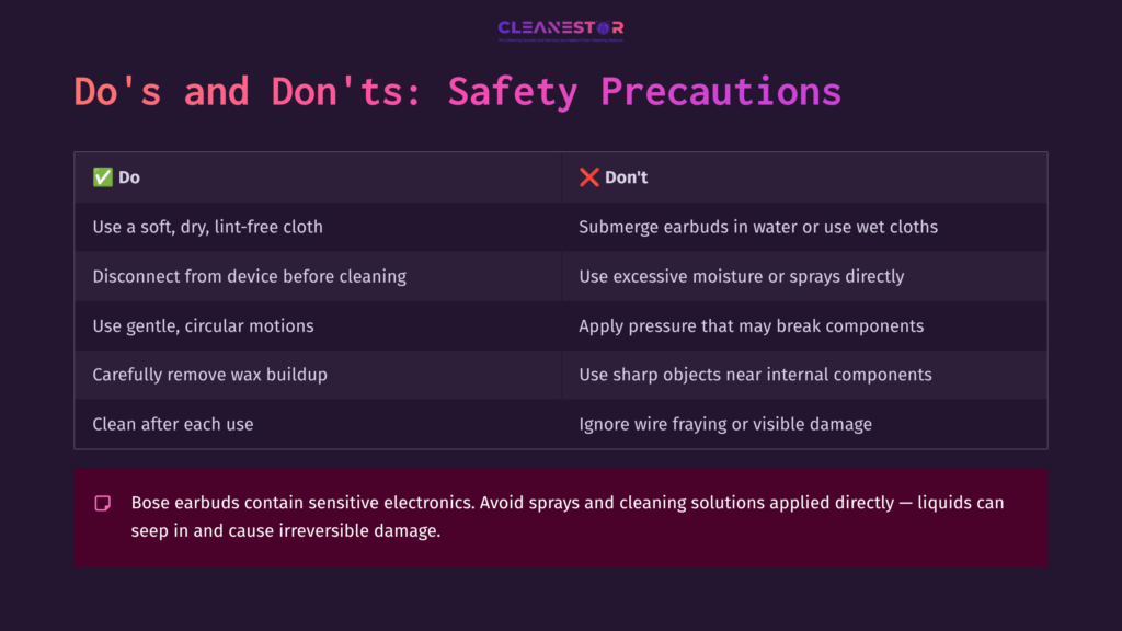 Table Displaying Safety Precautions For Cleaning Bose Earbuds, With &Quot;Do'S&Quot; In Green And &Quot;Don'Ts&Quot; In Red, Set Against A Dark Background.