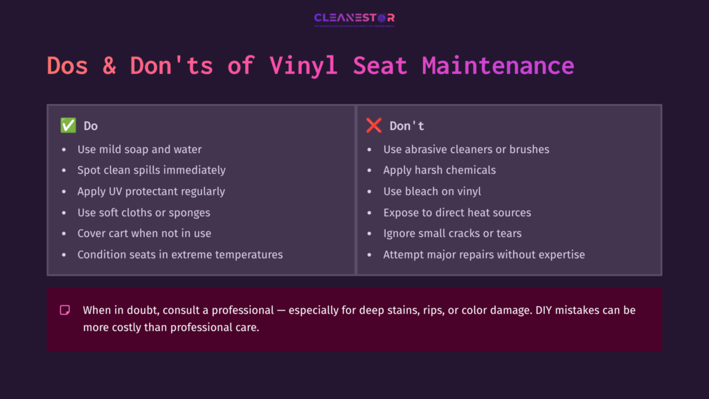 Dos And Don'Ts For Maintaining Vinyl Seats, With Key Points Highlighted In A Purple And White Layout, Emphasizing Care Tips And Warnings.
