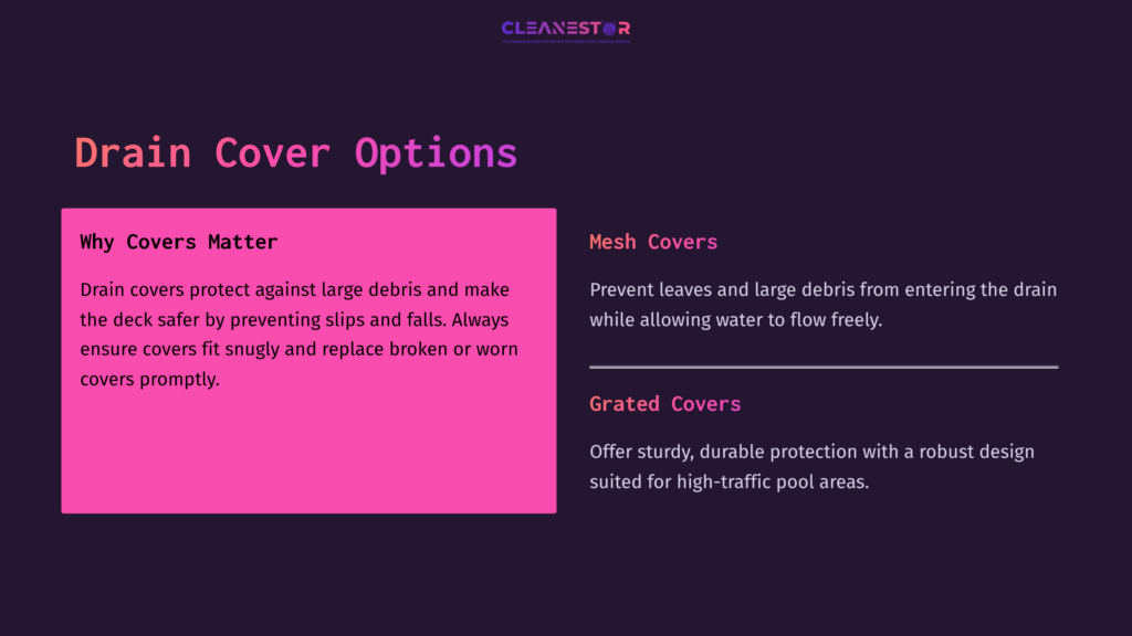 Text On A Contrasting Pink And Dark Background Highlights Drain Cover Options, Detailing Mesh And Grated Covers For Pool Decks.