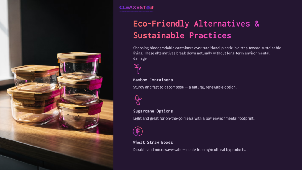 Four Stacked Glass Containers With Bamboo Lids On A Wooden Surface, Featuring Eco-Friendly Alternatives Like Sugarcane And Wheat Straw Options.