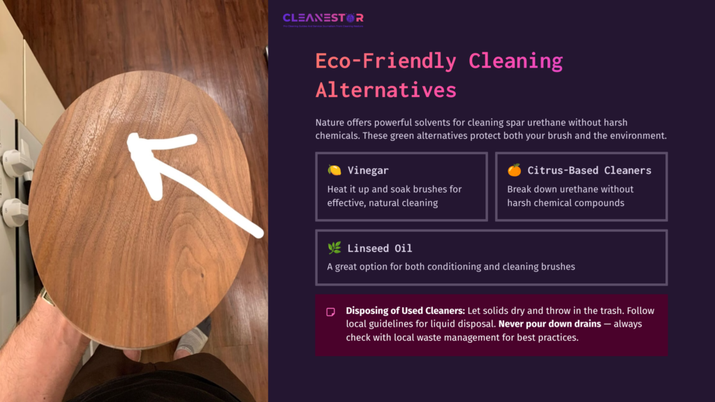 Round Wooden Surface With A Brush And Cleaning Solutions Labeled Vinegar And Citrus-Based Cleaner, Alongside Linseed Oil.