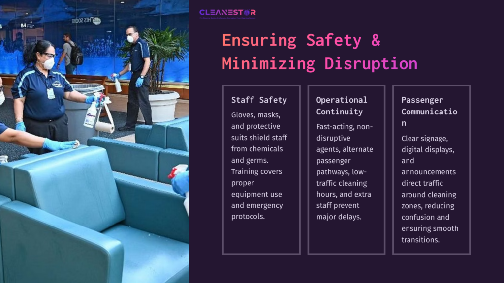 Staff In Masks And Gloves Clean Airport Seating Areas, Emphasizing Safety And Operational Continuity With Clear Signage For Passengers.