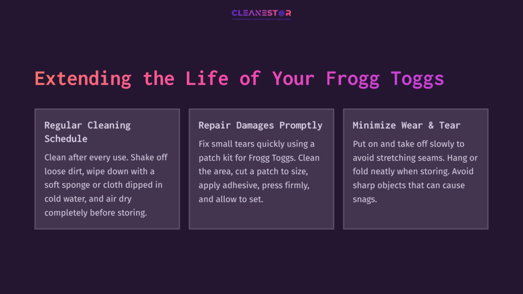 Three Sections On A Dark Purple Background Provide Tips On Maintaining Frogg Toggs: Cleaning Schedule, Repair Damages, And Minimizing Wear.