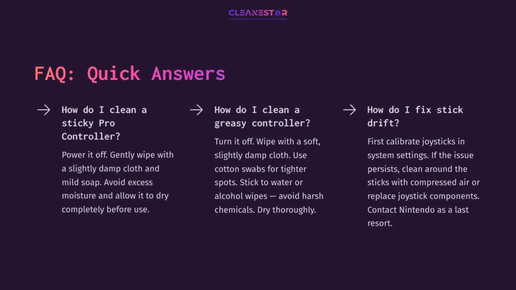 Purple Background With White Text Offering Quick Answers On Cleaning A Controller, With Bullet Points And Arrows Connecting Steps.