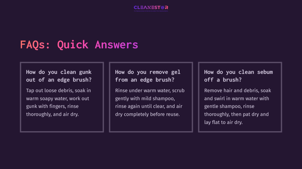 Three Text Boxes With Faqs On Cleaning Edge Brushes, Set Against A Dark Purple Background With Pink Headings And White Text.