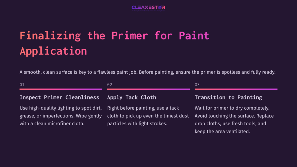 Text-Based Graphic Outlining Steps For Preparing A Surface Before Painting, Featuring Numbered Sections In A Clean, Modern Layout With Purple Accents.