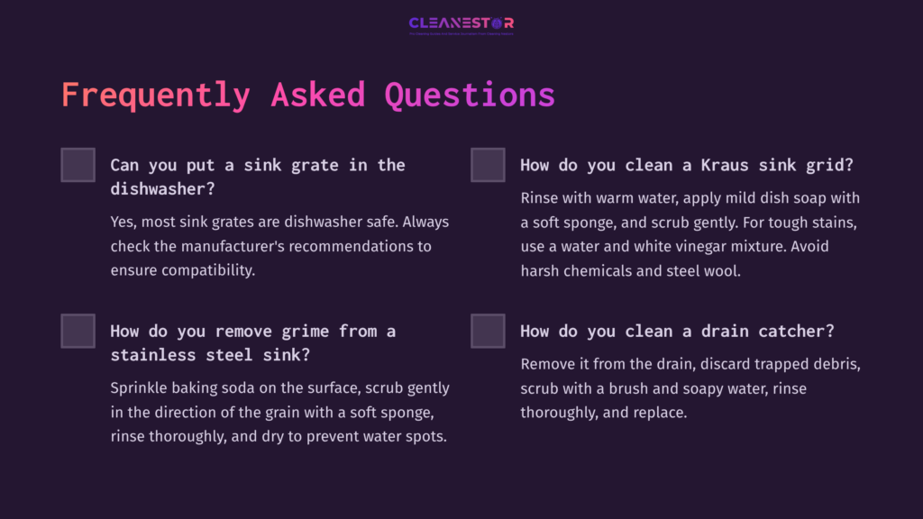 Faq Section With White Text On A Purple Background, Featuring Questions About Cleaning Sink Grates And Stainless Steel Sinks, With Checkboxes.