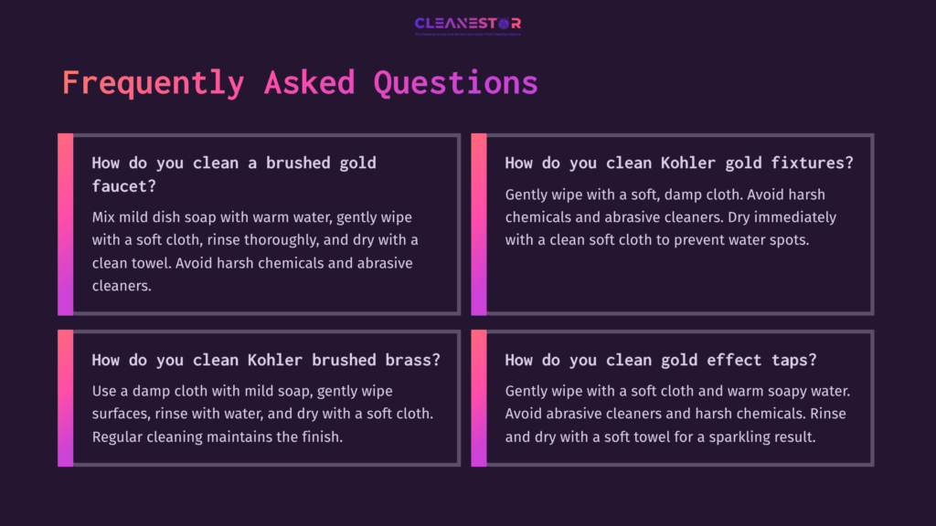 Four Colorful Boxes With White Text Detailing Frequently Asked Questions About Cleaning Kohler Brushed Gold Fixtures, Brass, And Faucets.