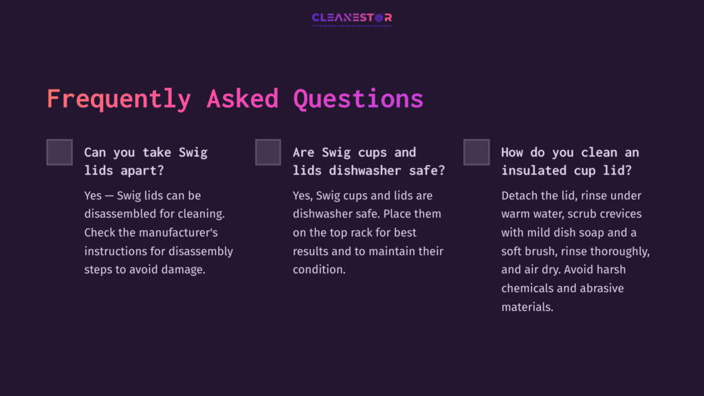 Purple Background With White Text Outlining Frequently Asked Questions About Cleaning Swig Cups, Their Safety In Dishwashers, And Cleaning Methods.