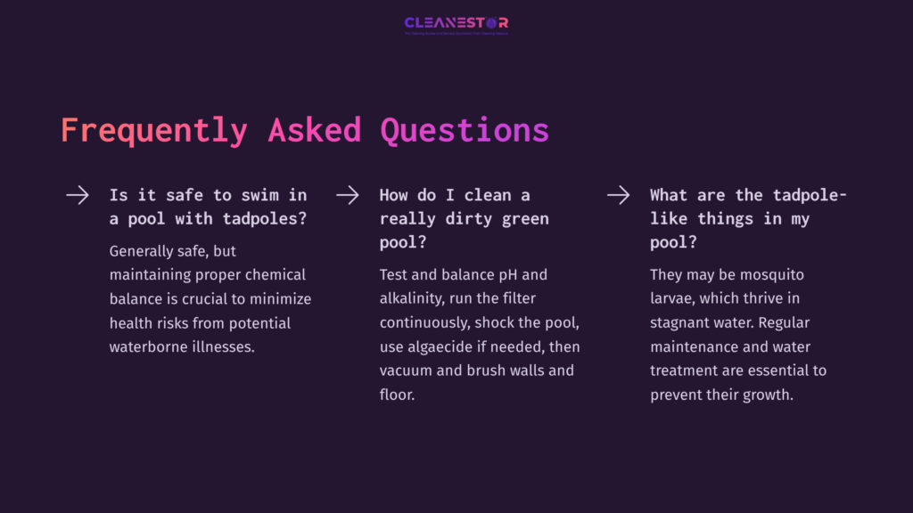 9 Frequently Asked Questions 12 Text Layout In Purple And White, Featuring Faq Headings On Cleaning A Green Pool, With Steps And Tips For Pool Maintenance.