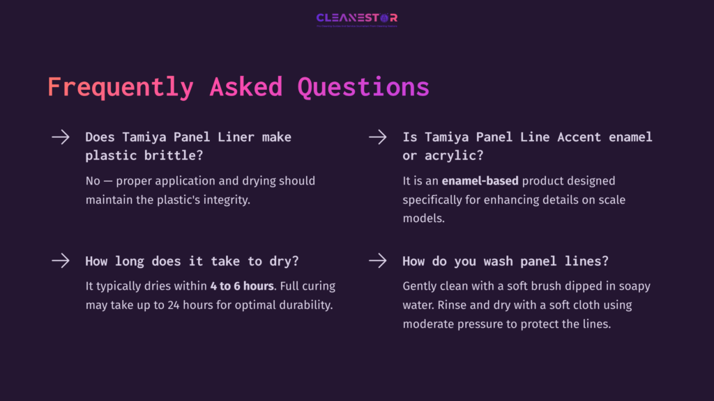 Faq Layout On Cleaning Tamiya Panel Line, Featuring Bullet Points In White Text On A Dark Purple Background, With Easy-To-Read Questions.