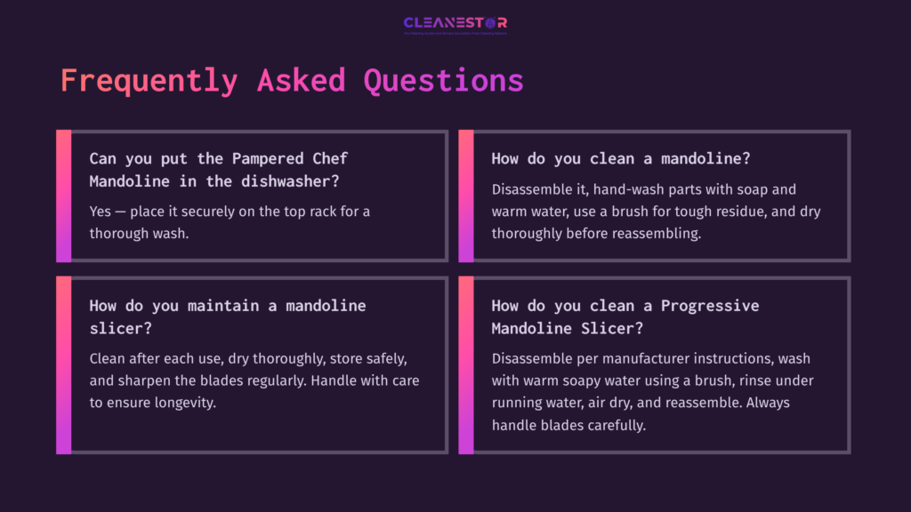 Four Faq Boxes On A Dark Background, Detailing Care Instructions For Pampered Chef Mandoline And Progressive Mandoline Slicer.