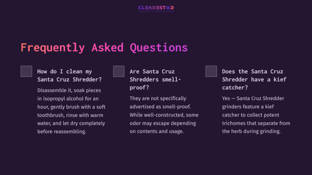 Purple Background With White Text In A Faq Format. Sections Include Questions About Cleaning And Odor Resistance Of Santa Cruz Shredders.