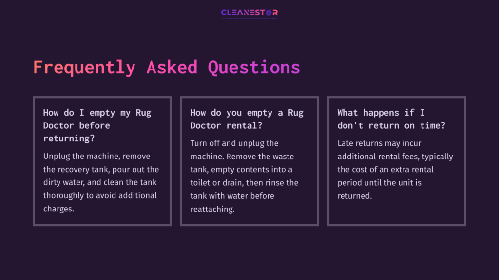 Three Faq Sections On A Dark Purple Background With White And Pink Text, Discussing Rug Doctor Cleaning And Return Procedures.