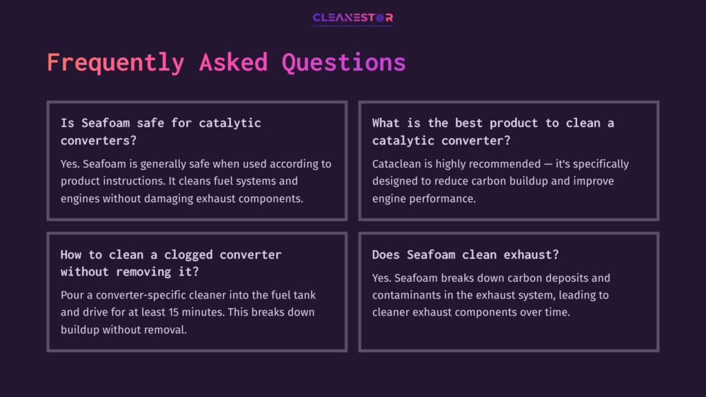 Text On A Dark Purple Background Featuring Faqs About Cleaning Catalytic Converters With Seafoam And Catalytic Clean Products.