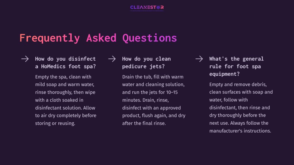 Faq Section With Three Questions On Foot Spa Cleaning, Featuring Purple Font On A Black Background With Arrows Directing To Each Question.