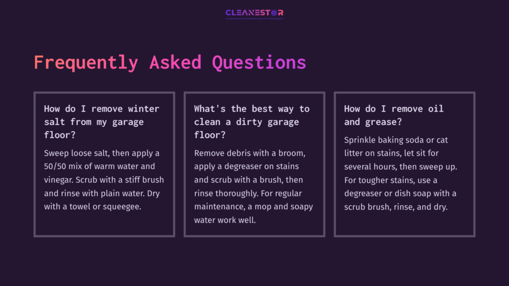 9 Frequently Asked Questions 19 Text On A Dark Purple Background With White Headings And Tips About Cleaning Garage Floors, Including Faqs And Methods.