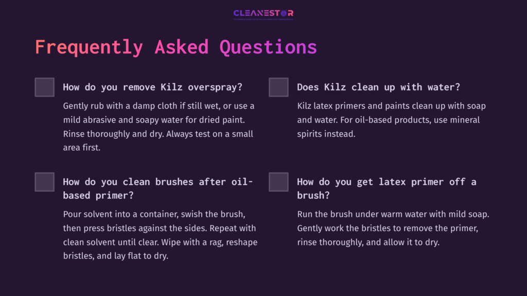 Text-Based Faq Section Featuring Questions About Cleaning Kilz Products From Brushes And Tools, Set On A Purple Background With White Text.