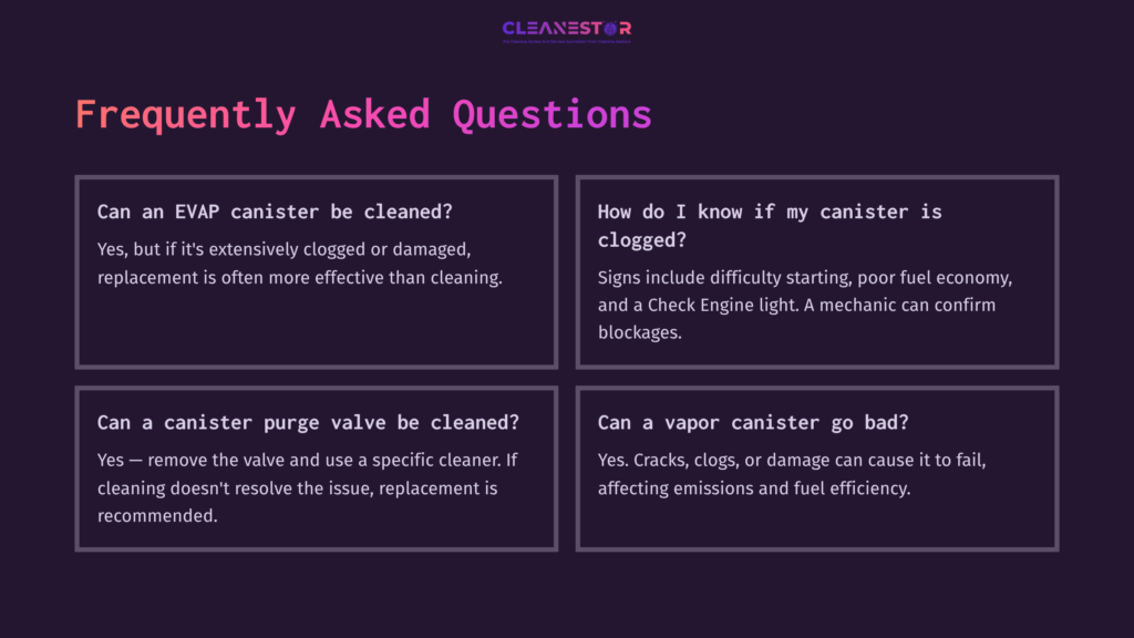 9 Frequently Asked Questions 20 Faq Section Highlighting Questions About Cleaning Vapor Canisters, Featuring Bold Text And Contrasting Colors On A Dark Background.