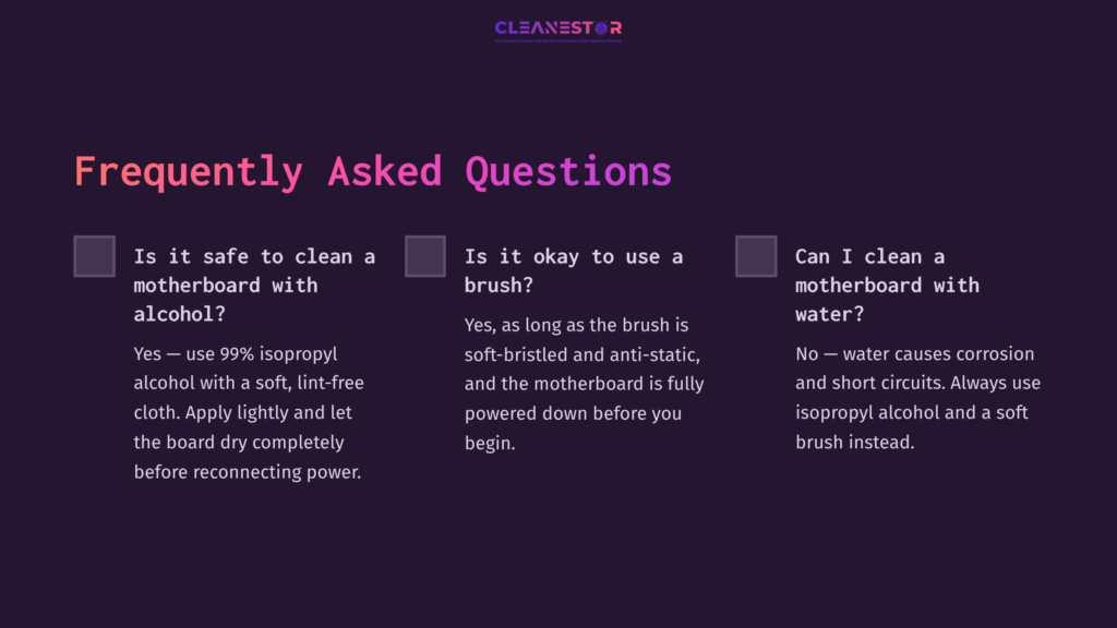 Purple Background With White Text; A Faq Section Discussing Motherboard Cleaning, Highlighting Questions About Using A Brush And Water.