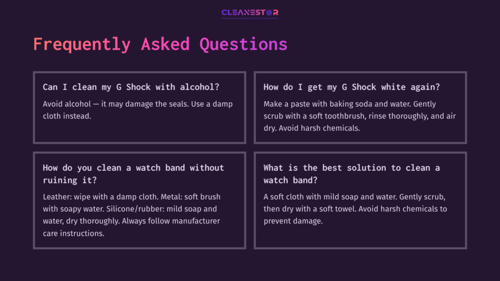 9 Frequently Asked Questions 25 Purple Background Featuring White Text With Faqs Regarding Cleaning A G Shock Watch And Its Band, Including Cleaning Methods And Precautions.