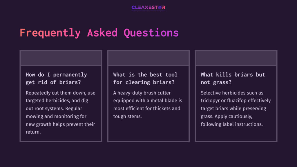 Three Faq Boxes On A Dark Purple Background, Discussing Methods For Clearing Briars, Tools Needed, And Effective Herbicides.
