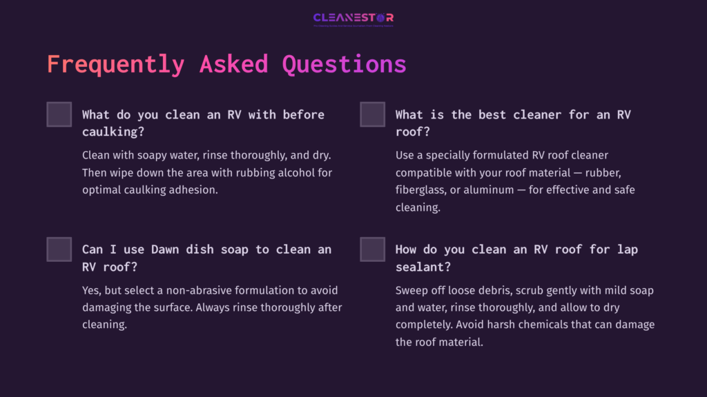 Faqs On Rv Roof Cleaning With Sections On Methods, Recommended Cleaners, And Tips. Text In Dark Purple Against A Light Background.
