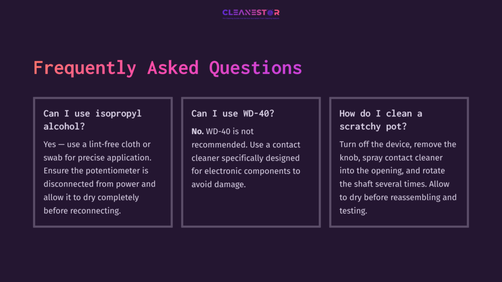 Three Sections Of Text On A Dark Purple Background, Featuring Faqs About Cleaning Potentiometers, With Highlights On Cleaner Recommendations.