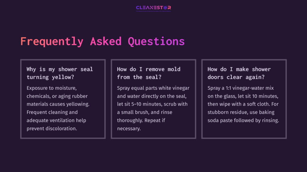 9 Frequently Asked Questions 32 Three Informational Boxes On A Dark Purple Background, Addressing Common Shower Seal Cleaning Questions With Clear Text And Guidance.