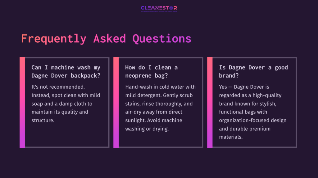 9 Frequently Asked Questions 36 Faq Section On Cleaning Dagne Dover Bags, With A Dark Purple Background And White Text Detailing Cleaning Methods And Brand Information.