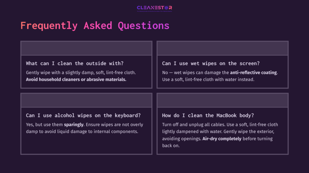 9 Frequently Asked Questions 37 Faq Section With Four Panels Featuring Cleaning Tips For Macbook Exteriors, Using A Dark Background With White And Purple Text.